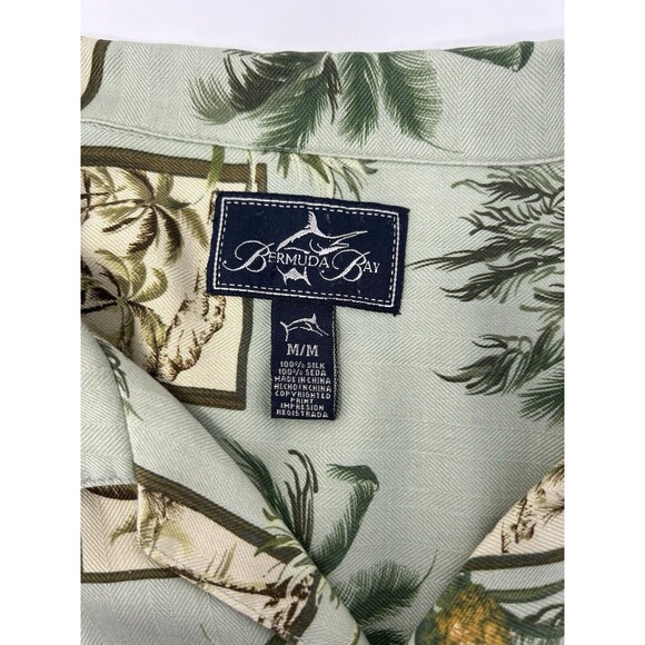Bermuda Bay Mens Green Silk Hawaiian Short Sleeve Shirt Size M - Picture 4 of 8